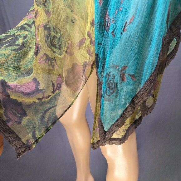 Vintage Floral Caftan Sheer Beach Cover Up Dress Size M Teal Green Brown Beaded - Picture 7 of 9
